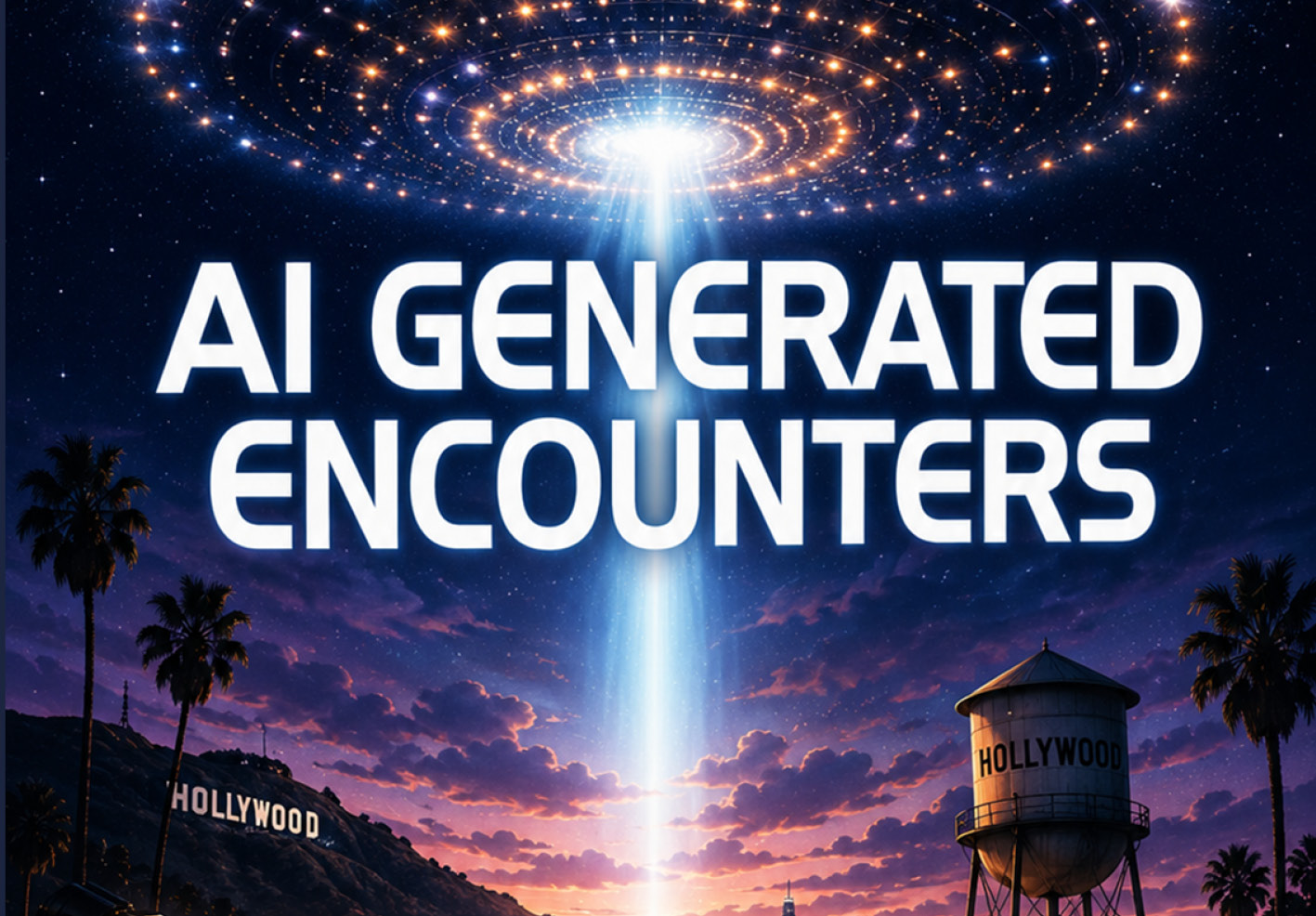 Poster showing the title 'AI GENERATED ENCOUNTERS' with a bright beam from the sky illuminating Hollywood hills and a water tower at sunset.