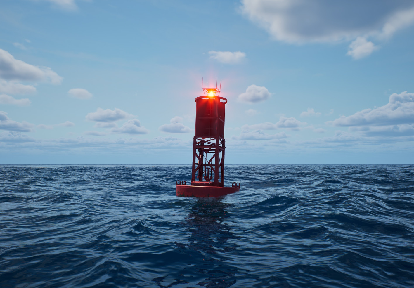 Red buoy with a lit beacon rises above a blue ocean under a partly cloudy sky.
