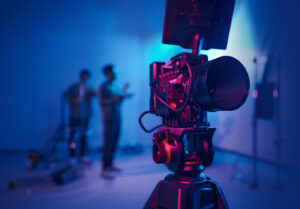 Close-up of a cinema camera on a tripod in a blue-lit studio with two crew members blurred in the background.