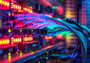 Close-up of a server rack with multicolored Ethernet cables and blinking LEDs in a data center, conveying active networking hardware stability and speed4