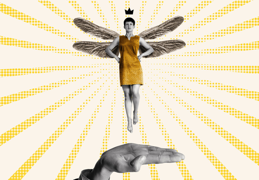 Surreal image of a small winged woman in a gold-yellow dress standing on a cupped hand, wearing a crown, with radiant yellow dotted rays in the background.