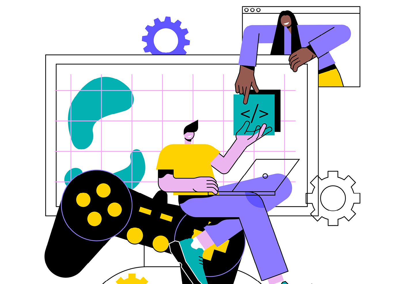 Abstract illustration of three people coding and collaborating with laptops, gears, and grid background, representing software development teamwork.